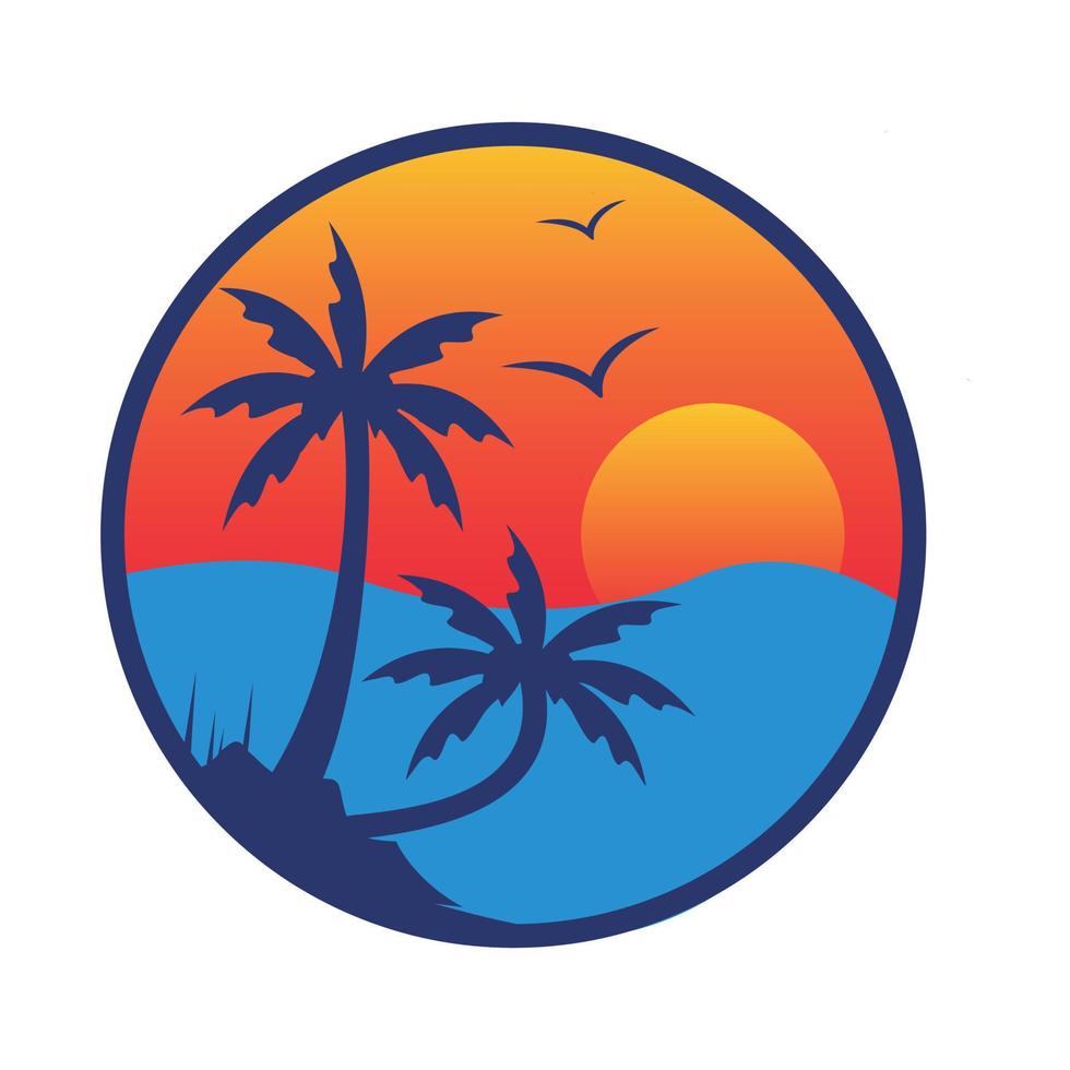 skön solnedgång i de bukt mellan två handflatan kokos träd vektor logotyp design