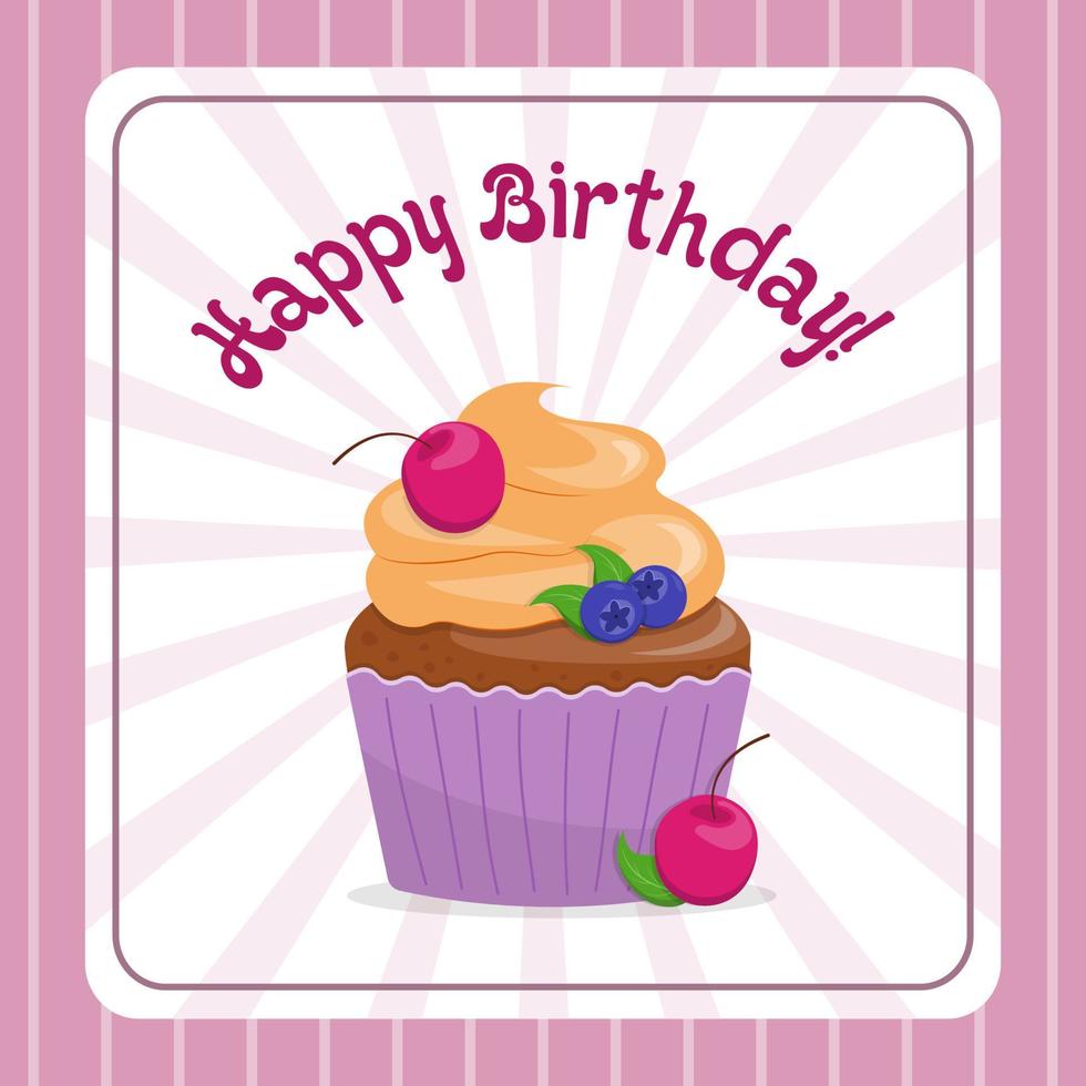 söt Lycklig födelsedag kort med en muffin med körsbär och blåbär. platt stil vektor illustration