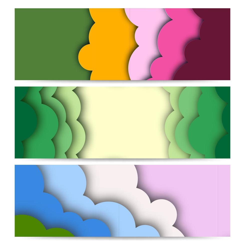 uppsättning av tre abstrakt bakgrund med papper skära former baner design. vektor illustration.