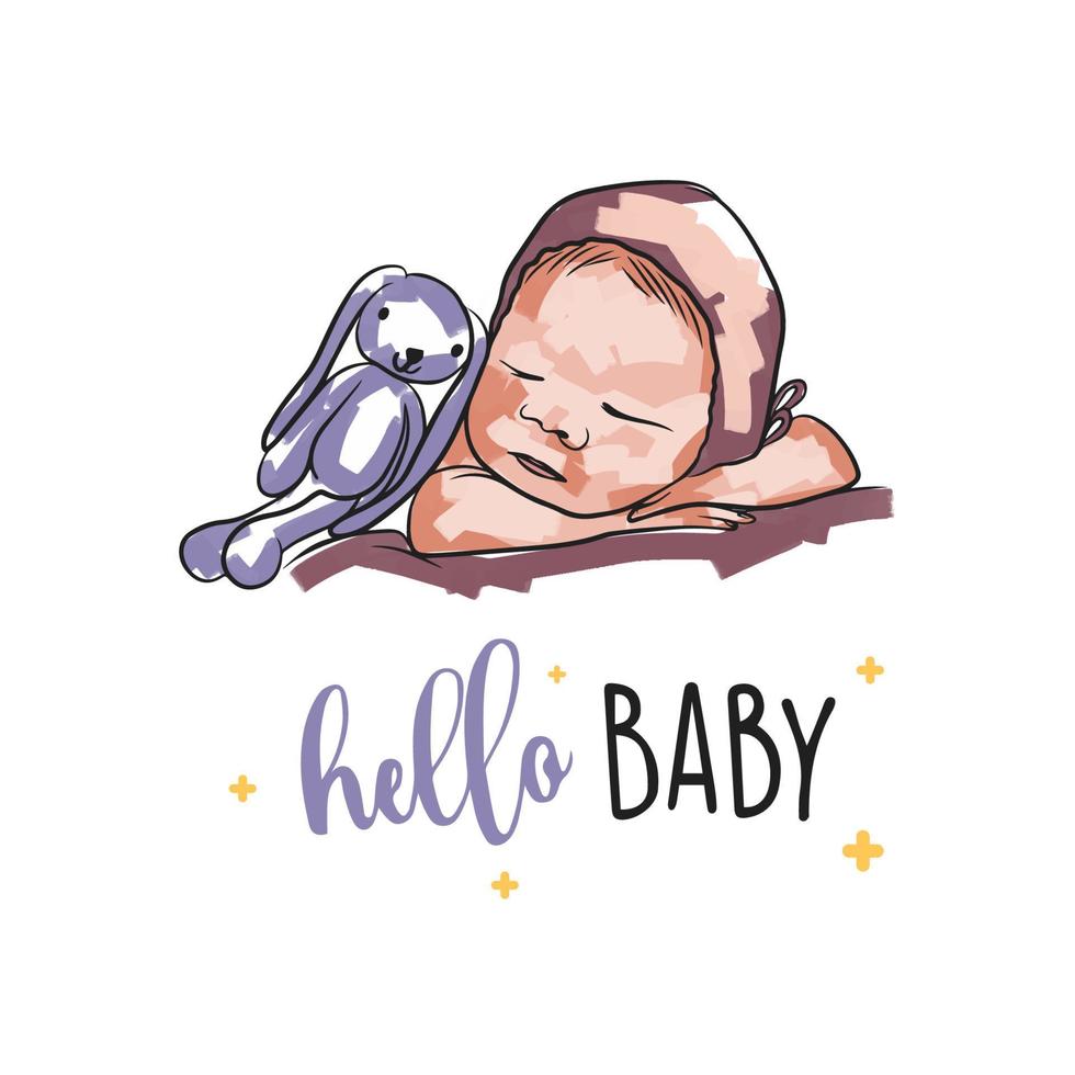 eleganta nyfödd bebis med leksak, Hej bebis, hand text, bebis i klotter stil, kort på vit bakgrund vektor