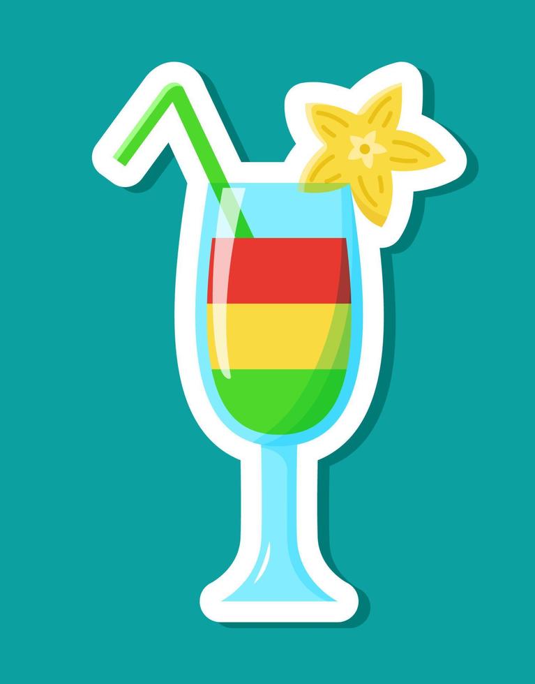 Vektor geschichtet Cocktail Aufkleber im Karikatur Stil. isoliert mehrfarbig trinken im Glas mit Saft Stroh