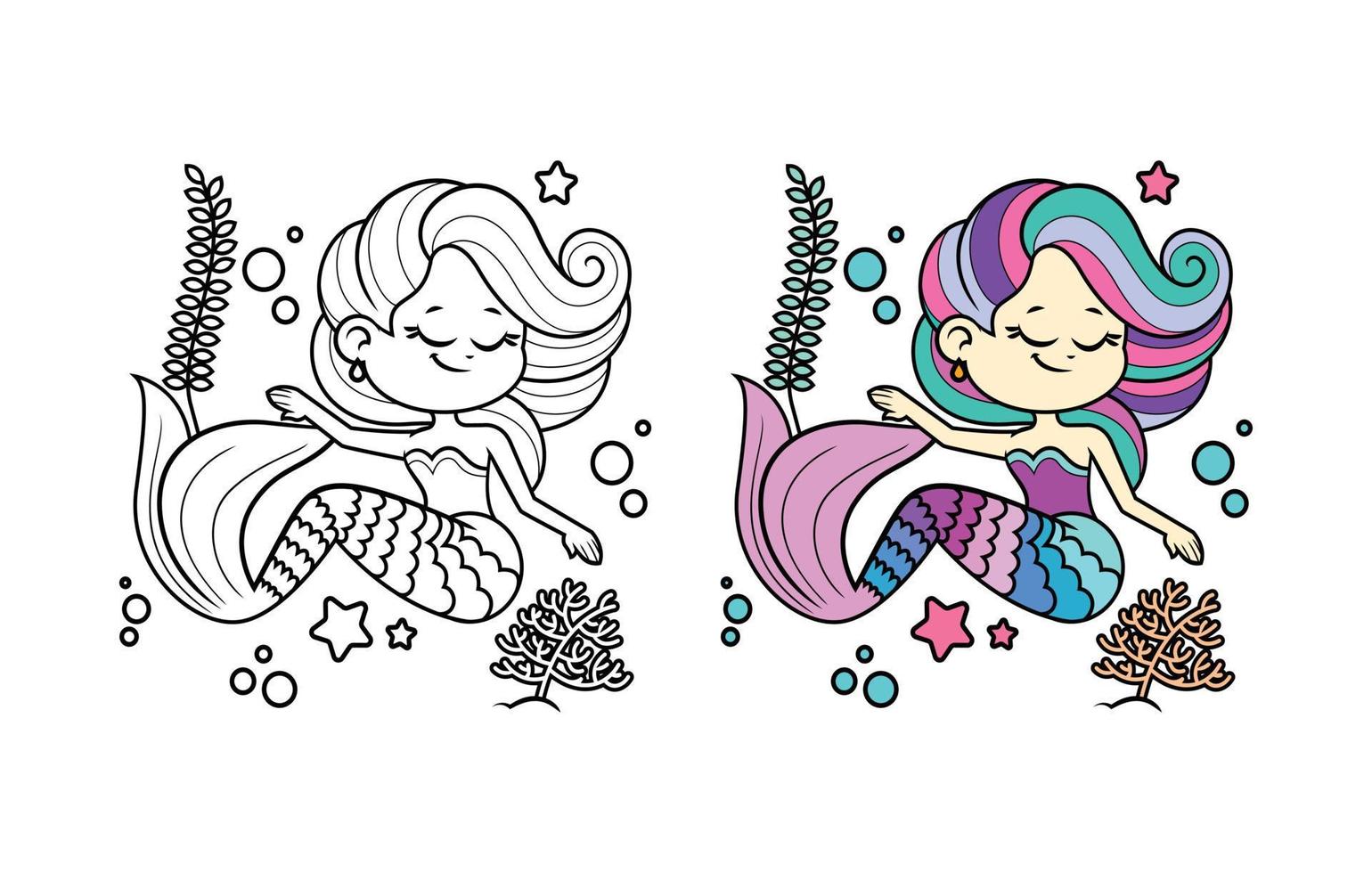 Vektor Illustration von schön und süß Meerjungfrau. geeignet zum Färbung Buchseite, Färbung Buch, usw