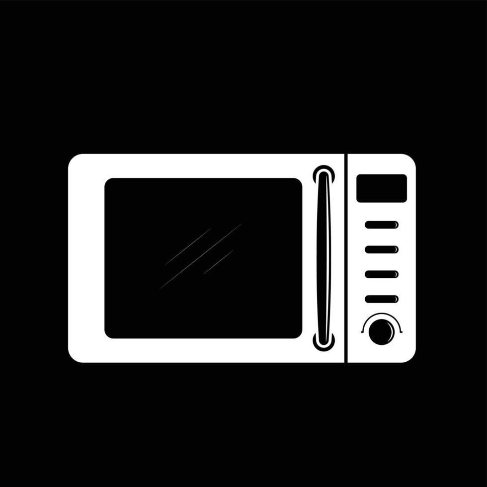 Mikrowelle Ofen eben Silhouette Vektor auf schwarz Hintergrund. Silhouette Utensil Symbol. einstellen von schwarz und Weiß Symbole zum Küche Konzept. Geschirr