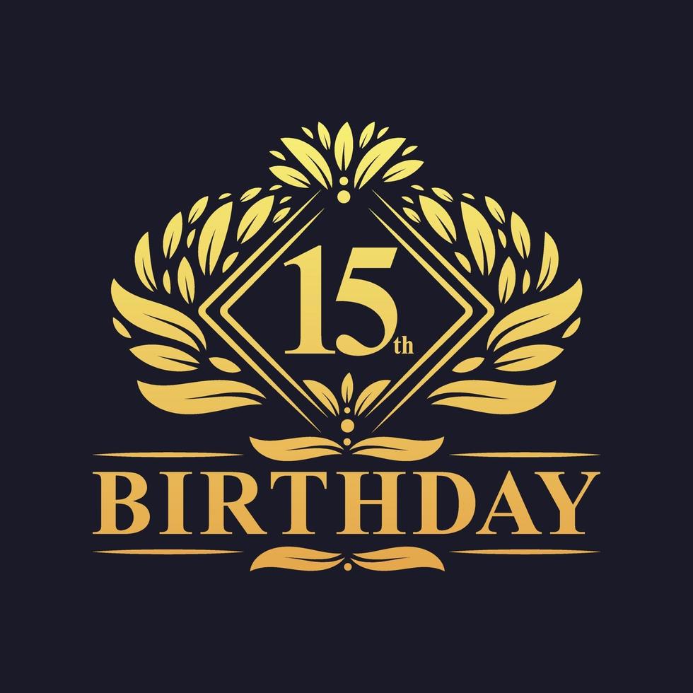 15 Jahre Geburtstag Logo, Luxus golden 15. Geburtstagsfeier. vektor