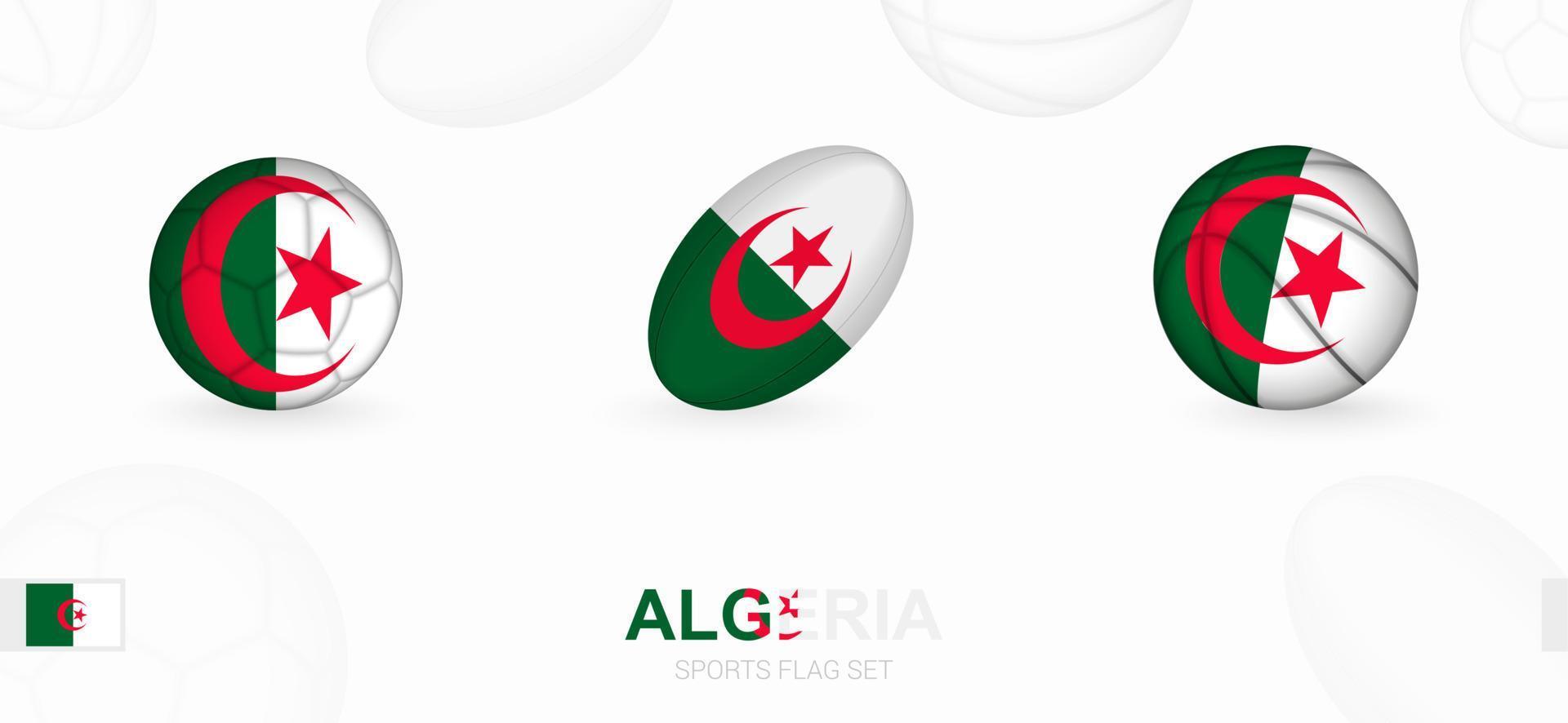 Sport Symbole zum Fußball, Rugby und Basketball mit das Flagge von Algerien. vektor