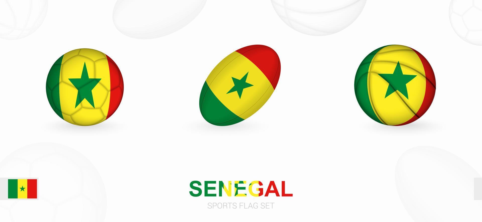 Sport Symbole zum Fußball, Rugby und Basketball mit das Flagge von Senegal. vektor