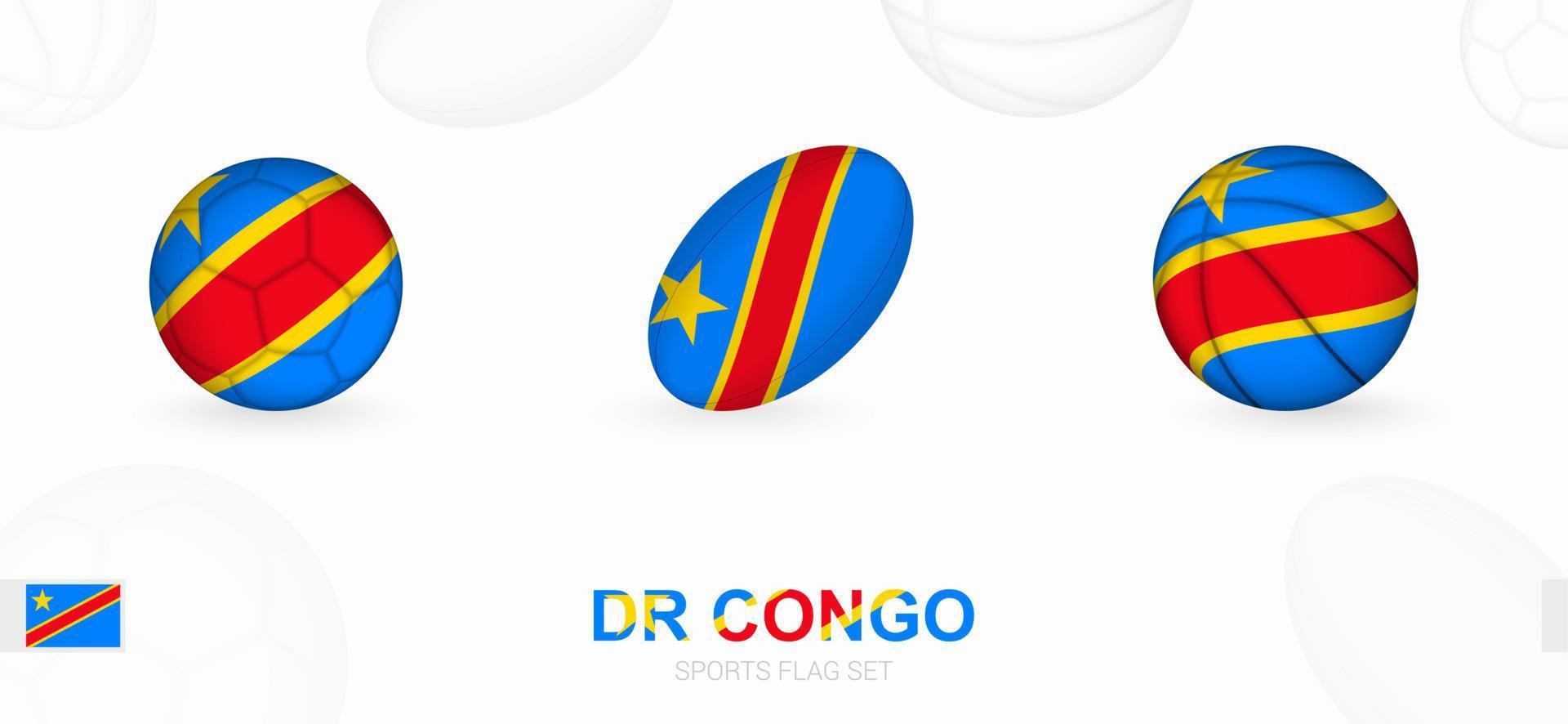 Sport Symbole zum Fußball, Rugby und Basketball mit das Flagge von DR Kongo. vektor