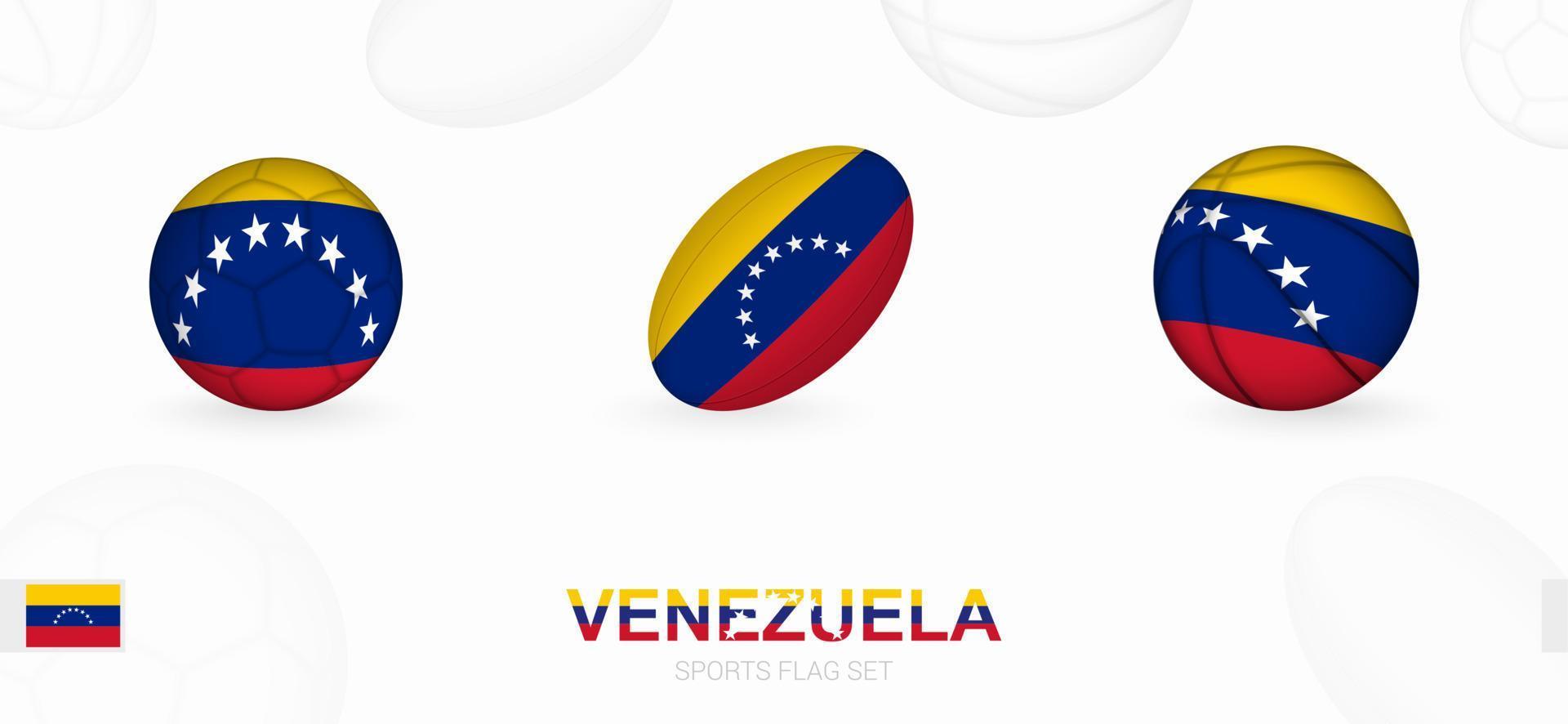 Sport Symbole zum Fußball, Rugby und Basketball mit das Flagge von Venezuela. vektor