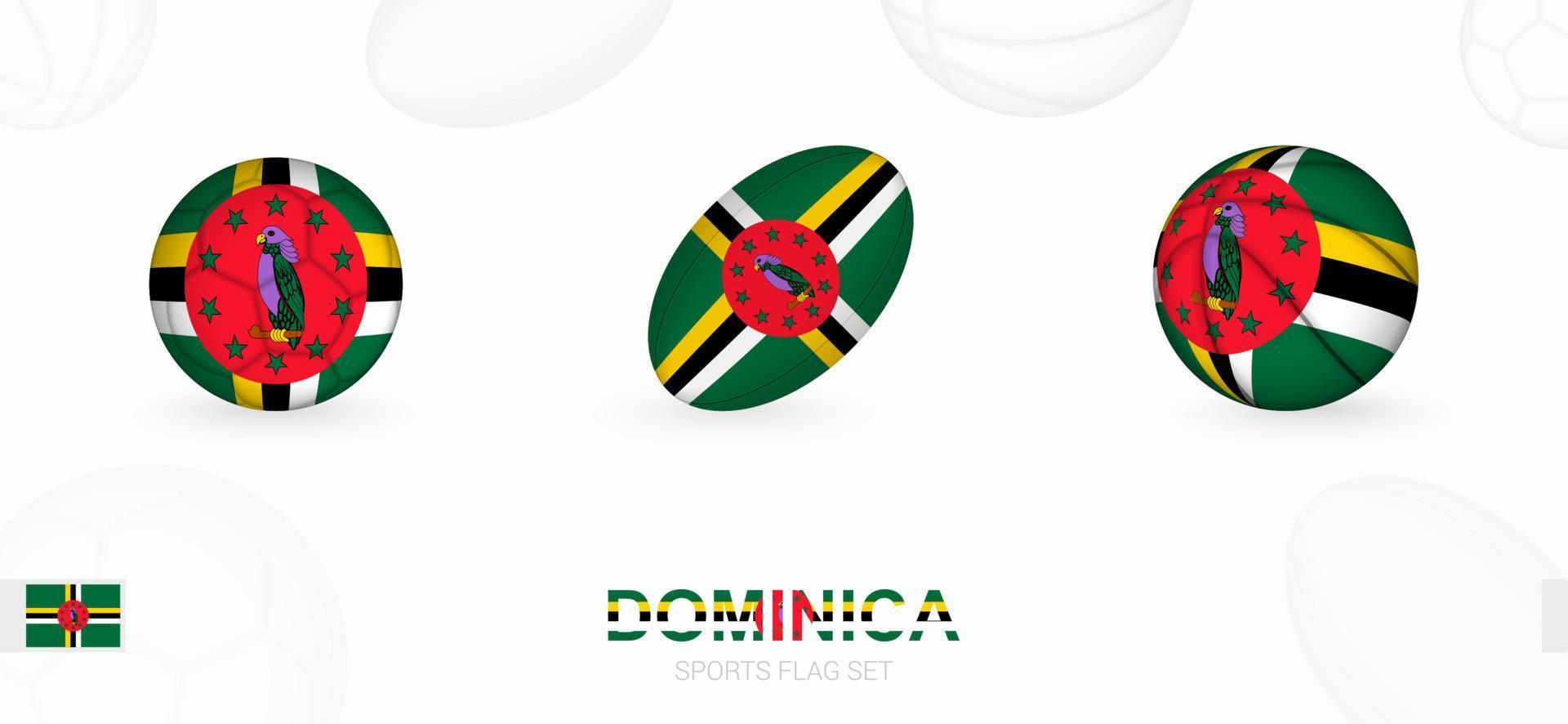 sporter ikoner för fotboll, rugby och basketboll med de flagga av dominica. vektor