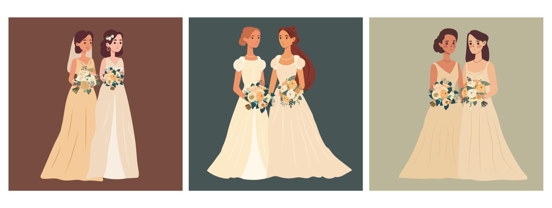 uppsättning av tre lesbisk par äktenskap. homosexuell bröllop. brudar i klänning HBTQ nygifta. platt vektor illustration isolerat bakgrund