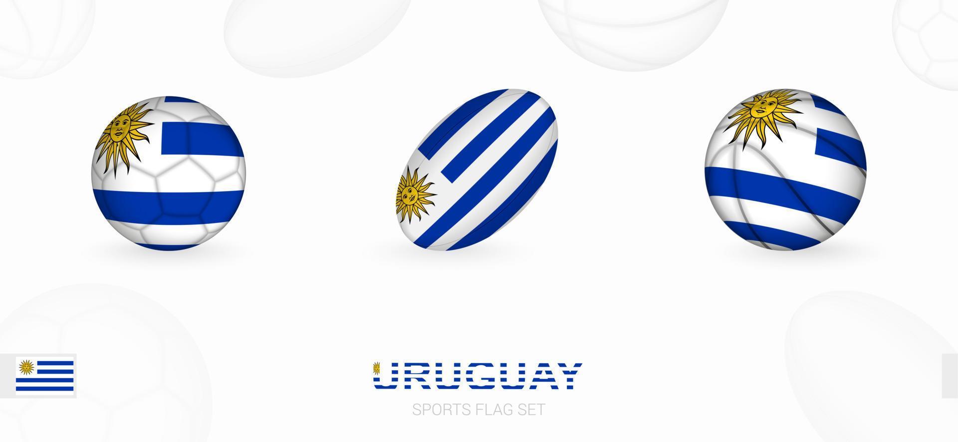 sporter ikoner för fotboll, rugby och basketboll med de flagga av uruguay. vektor