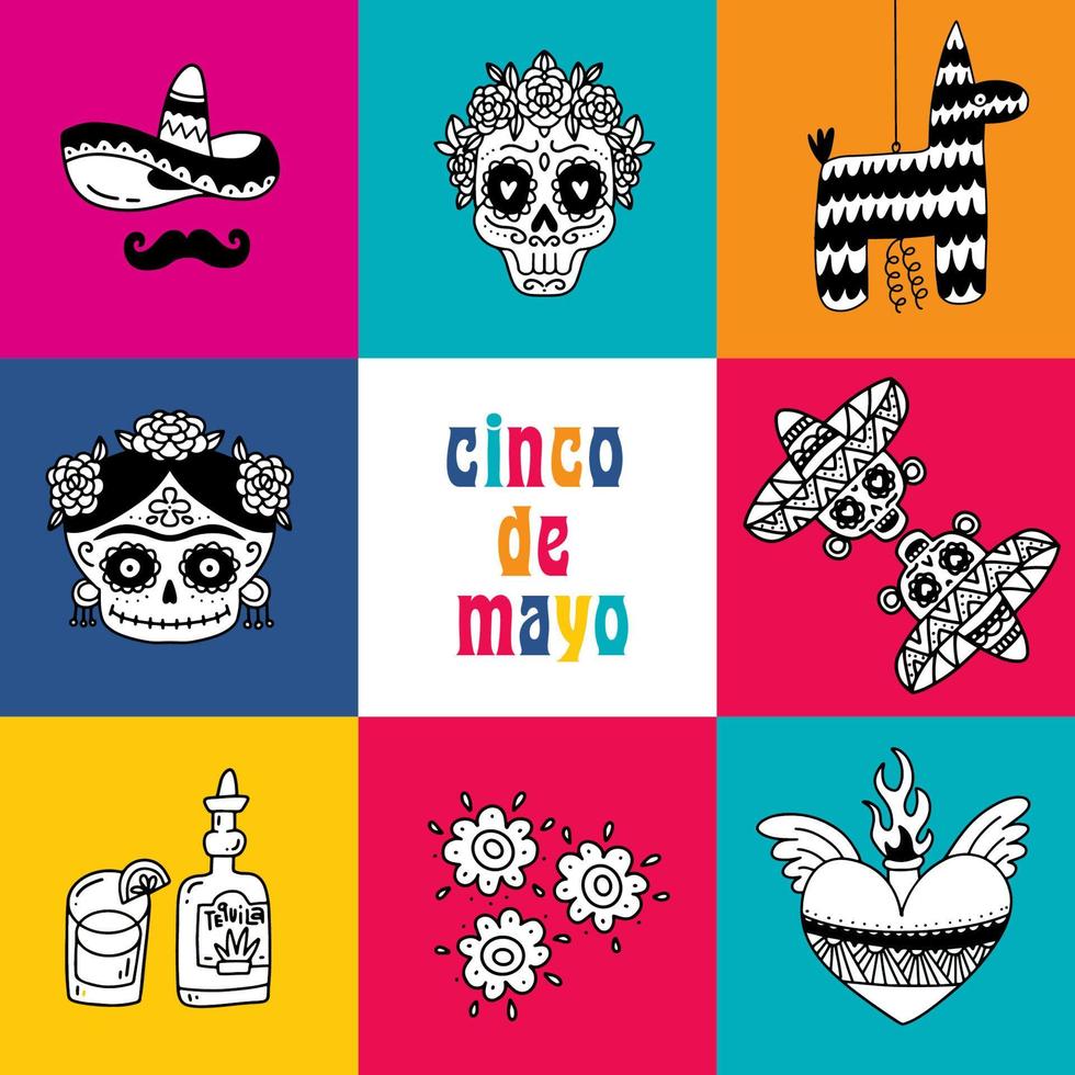 Gruß Karte oder Banner zum cinco de Mayo - - kann 5., Bundes Urlaub im Mexiko. Fiesta Platz Poster Design mit traditionell Elemente , Blumen, Herz, Schädel, Piñata, Hut. Gekritzel Vektor Illustration.