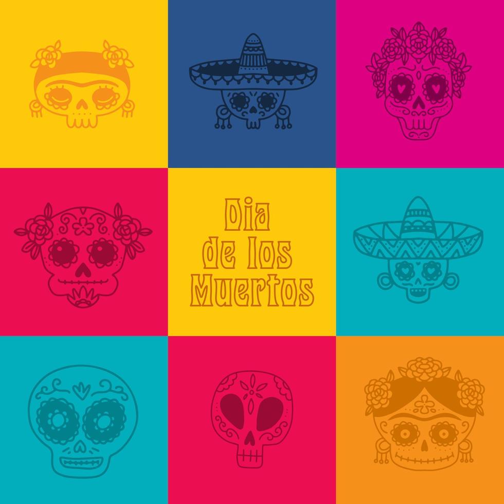 dag av de död, dia de los muertos, hälsning kort eller baner med färgrik celler med mexikansk socker skallar. fiesta, Semester affisch, fest flygblad. klotter vektor illustration.