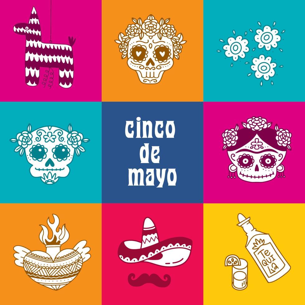cinco de mayo affisch i färgrik klotter stil. mexikansk fest, mexico latin fiesta dekorativ inbjudan. helig hjärta, skallar blommor, pinata, sombrero med mustasch. färgrik vektor kort design.
