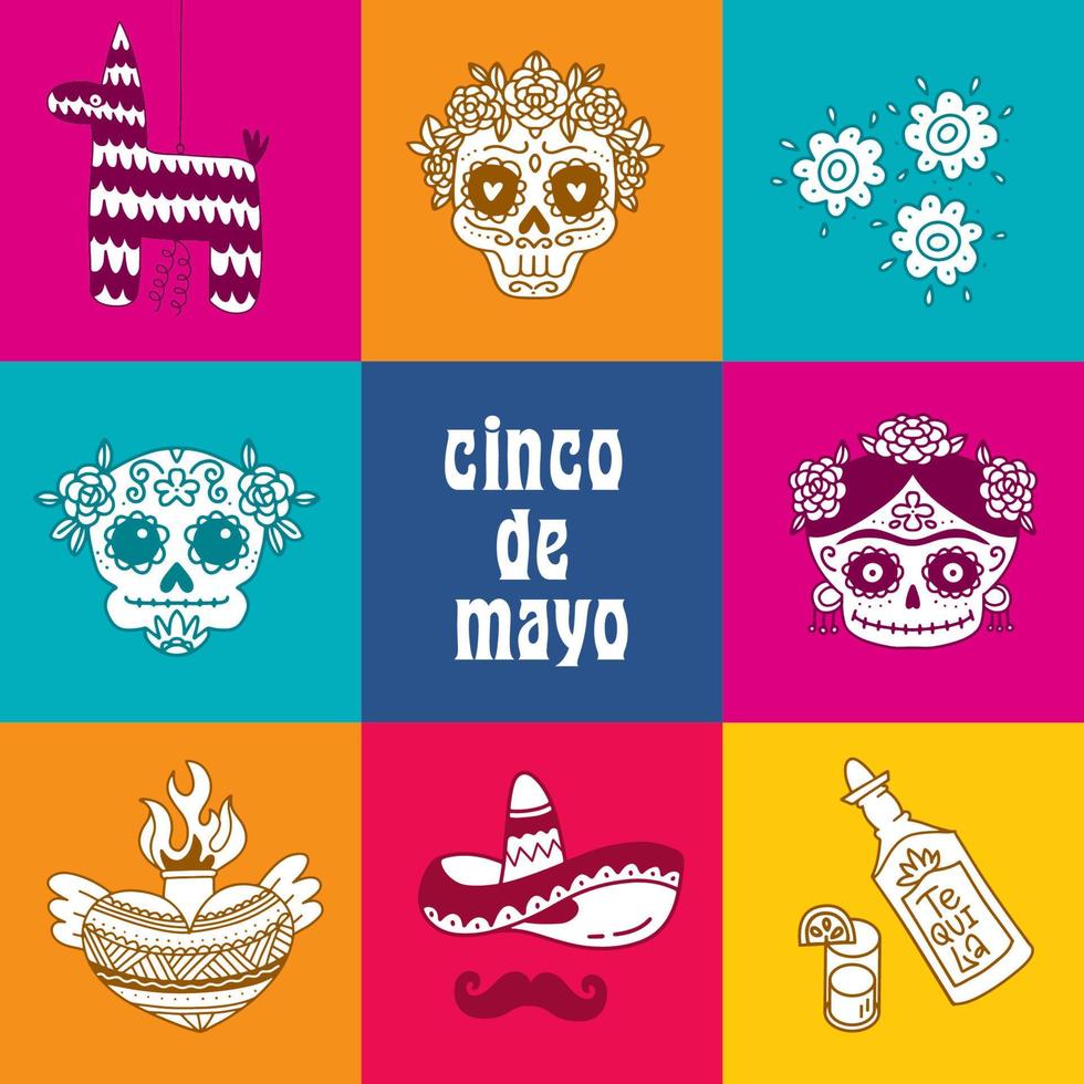 cinco de Mayo Poster im bunt Gekritzel Stil. Mexikaner Party, Mexiko Latein Fiesta dekorativ Einladung. heilig Herz, Schädel Blumen, Piñata, Sombrero mit Schnurrbart. bunt Vektor Karte Design.