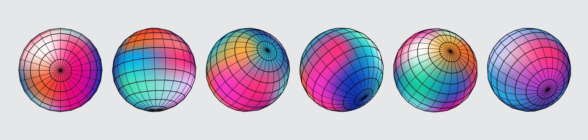 Gradient kugelförmig Gitter Satz, holographisch beschwingt runden Symbol. Mehrfarbig Tasten können Sein benutzt im Banner, Sozial Medien, Netz, wie Design Element. vektor