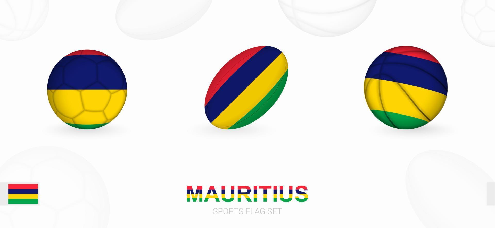 sporter ikoner för fotboll, rugby och basketboll med de flagga av mauritius. vektor