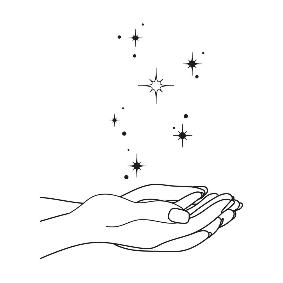 Hände mit Sterne. abstrakt Symbol zum Kosmetika und Verpackung, Schmuck, Logo, Tätowierung. linear Stil. esoterisch vektor