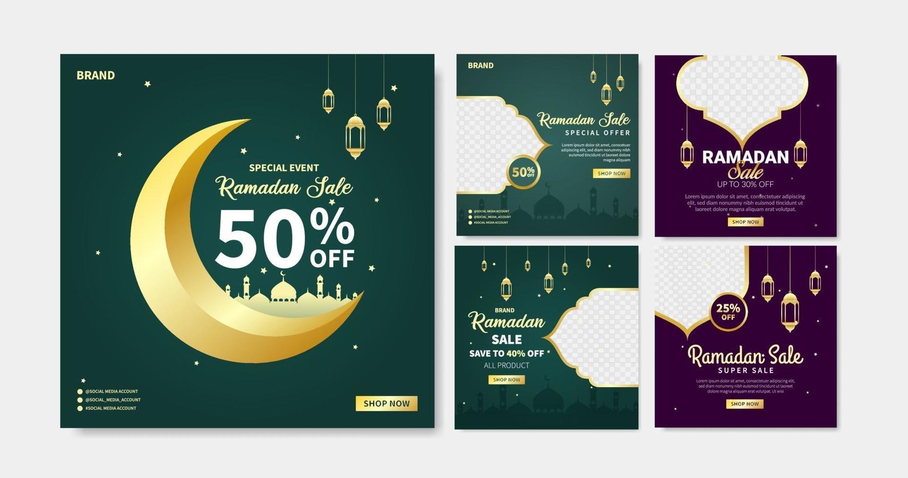 uppsättning ramadan försäljning sociala medier postmall. webbbannerannonsering för gratulationskort, kupong, islamisk händelse. vektor