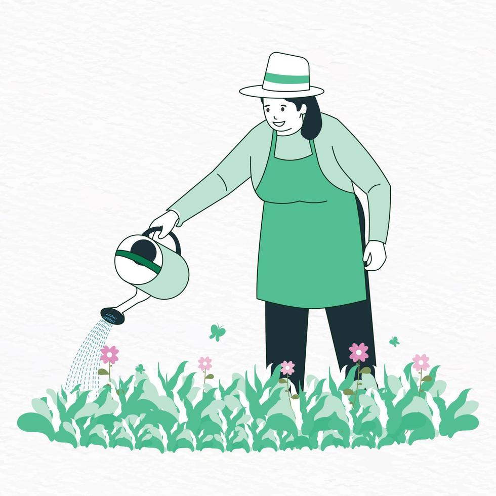 modern illustration av en kvinna i en hatt och förkläde vattning blomma trädgård vektor