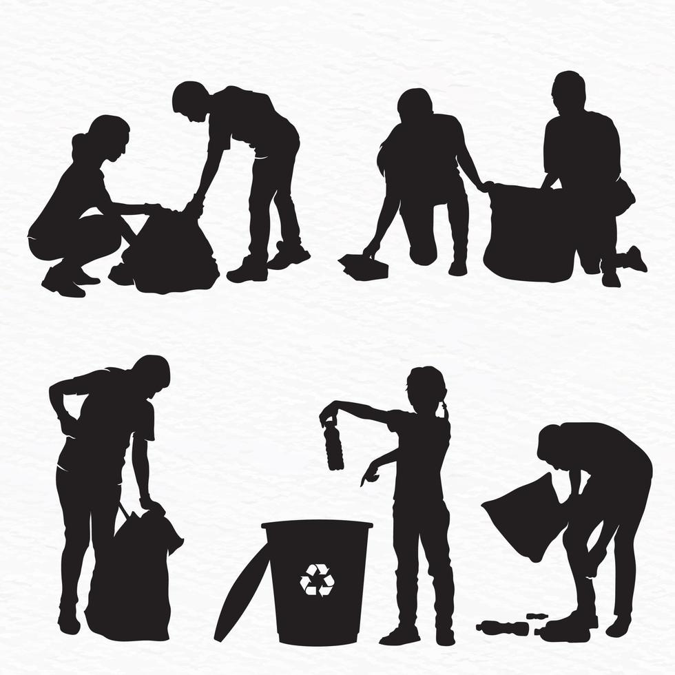 ein Gruppe von Menschen Reinigung oben Müll und Recycling Behälter vektor