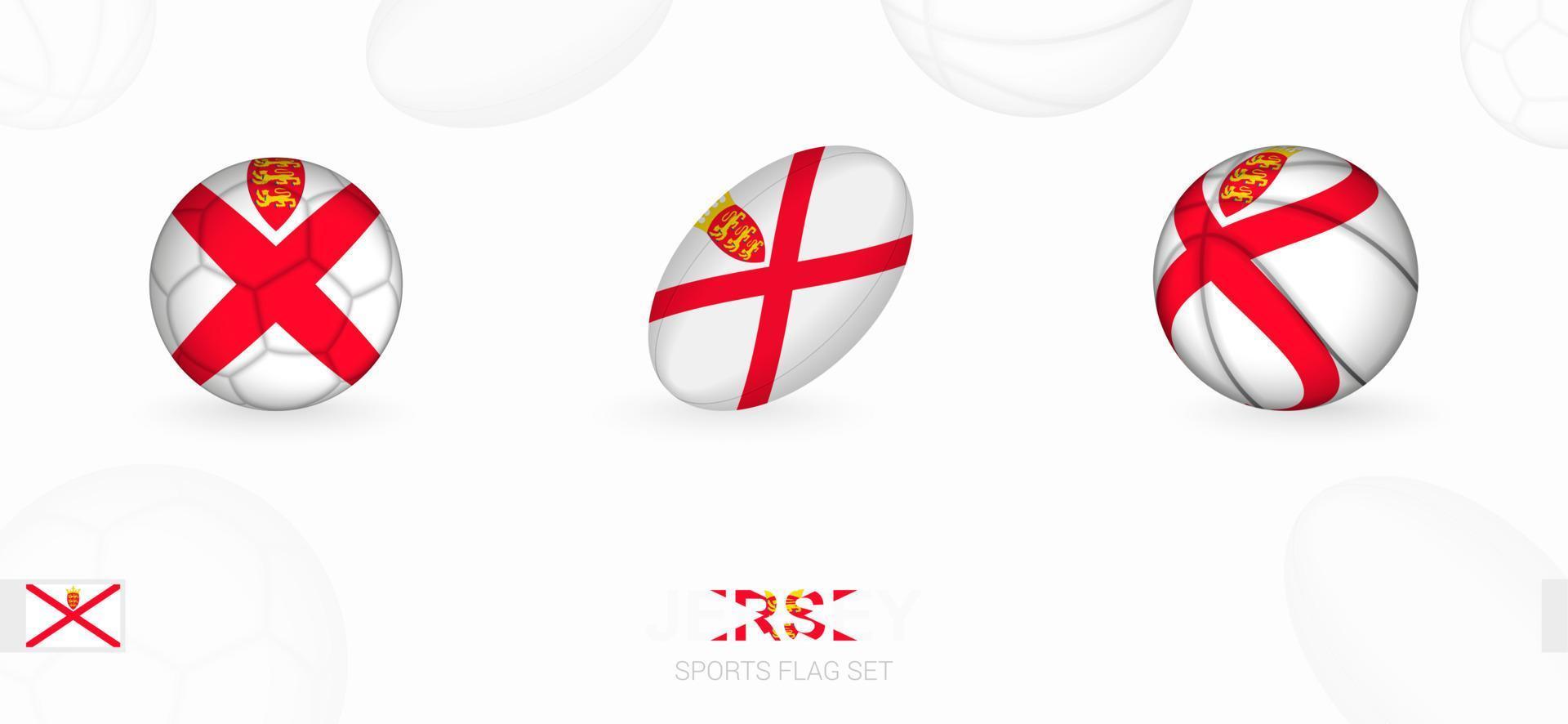 Sport Symbole zum Fußball, Rugby und Basketball mit das Flagge von Jersey. vektor