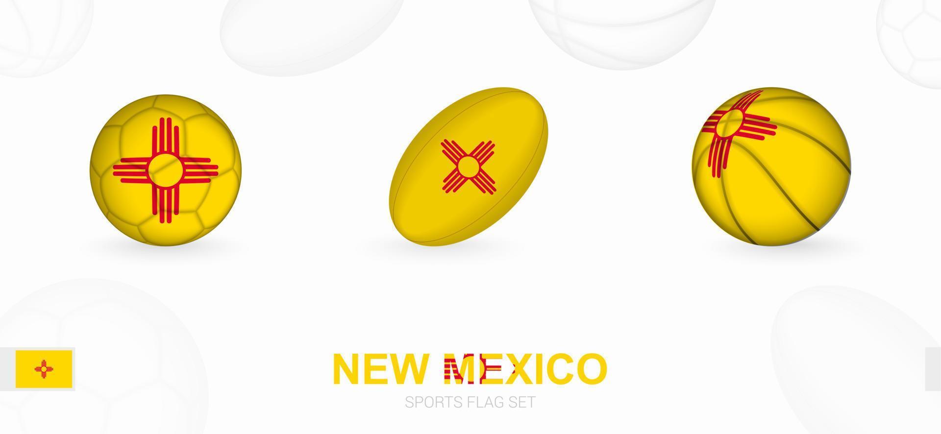 Sport Symbole zum Fußball, Rugby und Basketball mit das Flagge von Neu Mexiko. vektor