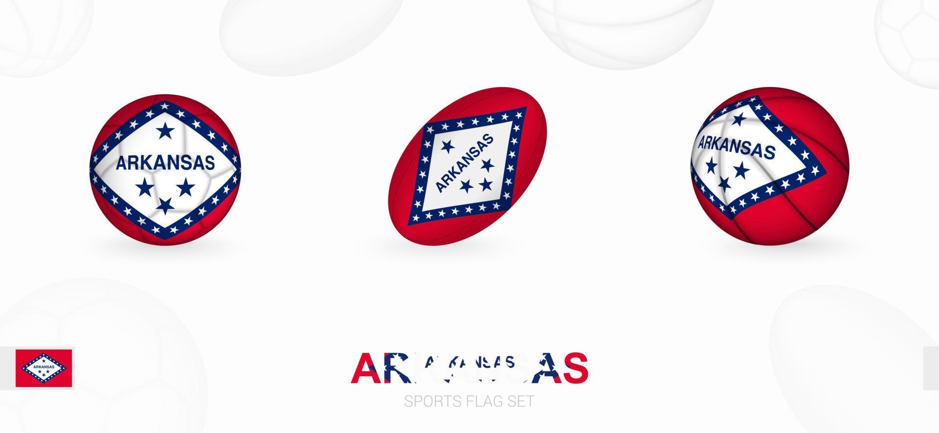 sporter ikoner för fotboll, rugby och basketboll med de flagga av arkansas. vektor