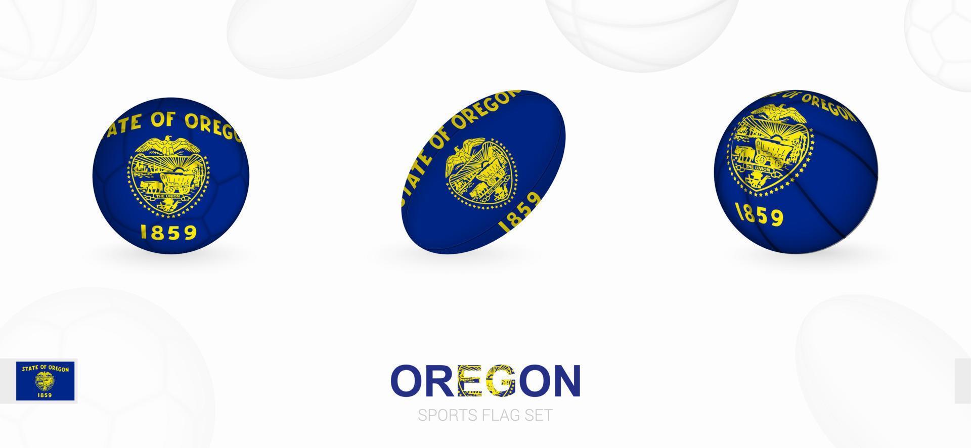Sport Symbole zum Fußball, Rugby und Basketball mit das Flagge von Oregon. vektor