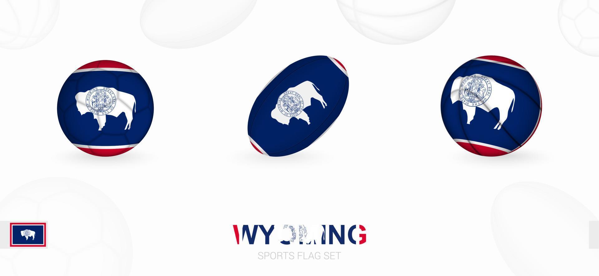 Sport Symbole zum Fußball, Rugby und Basketball mit das Flagge von Wyoming. vektor