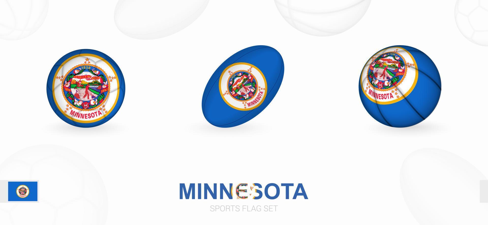 Sport Symbole zum Fußball, Rugby und Basketball mit das Flagge von Minnesota. vektor