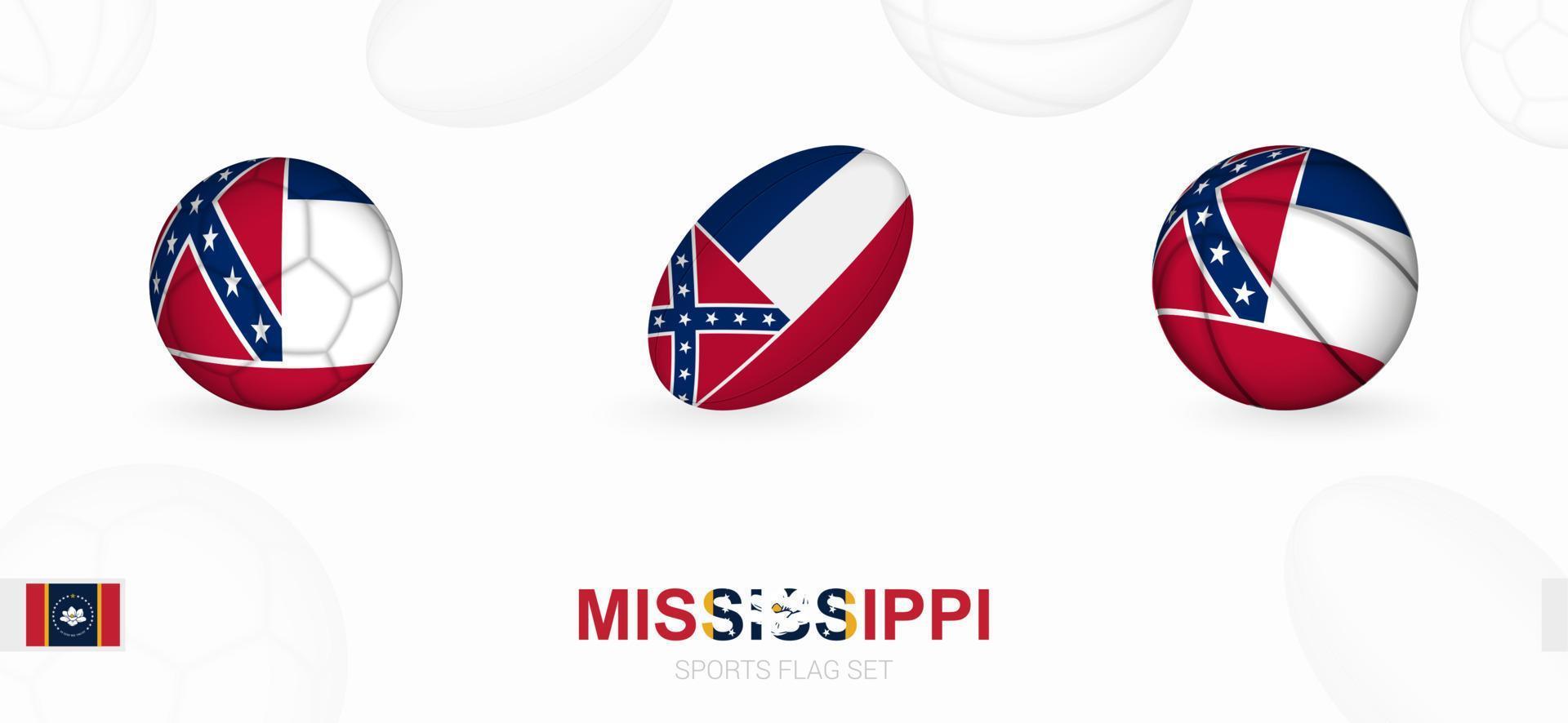 sporter ikoner för fotboll, rugby och basketboll med de flagga av mississippi. vektor