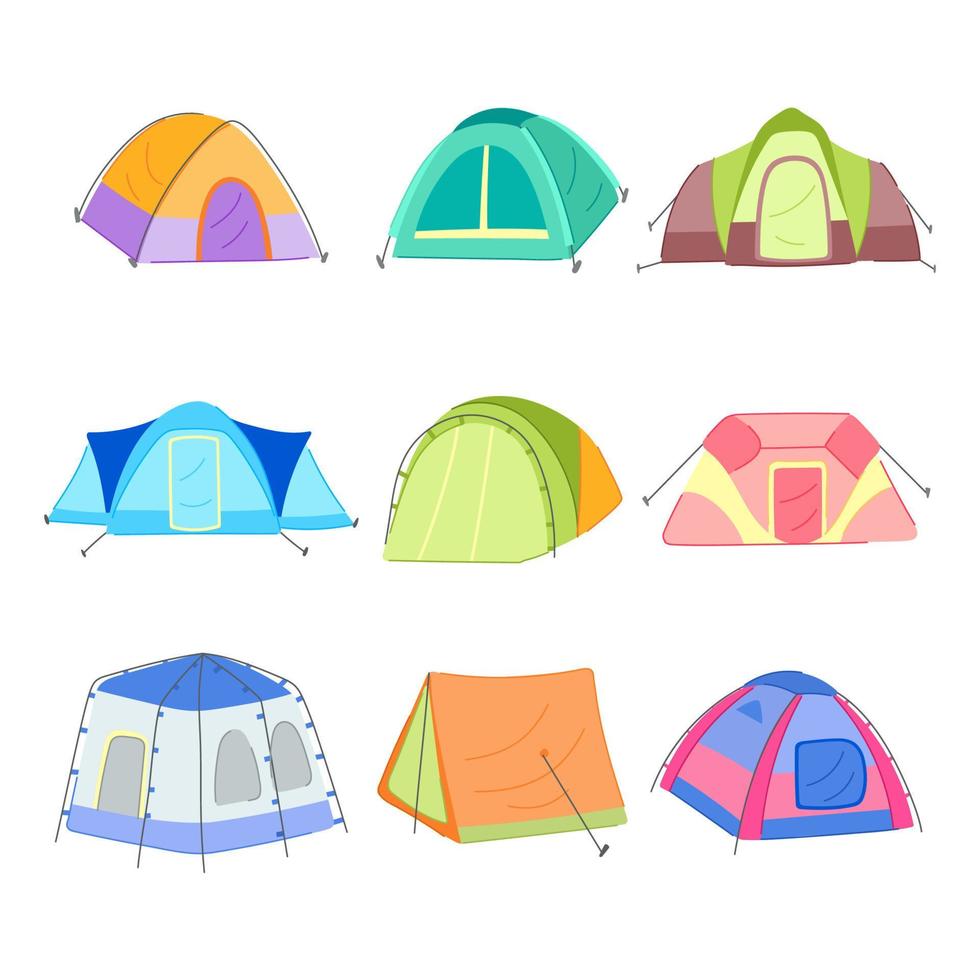 tält läger uppsättning tecknad serie vektor illustration