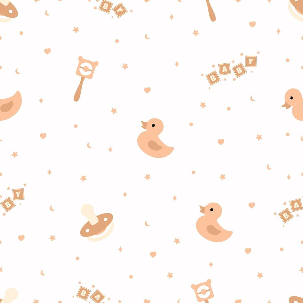 Sammelalbum nahtlos Hintergrund. Orange Baby Dusche Muster. süß drucken mit Ente, Schnuller und Rassel vektor