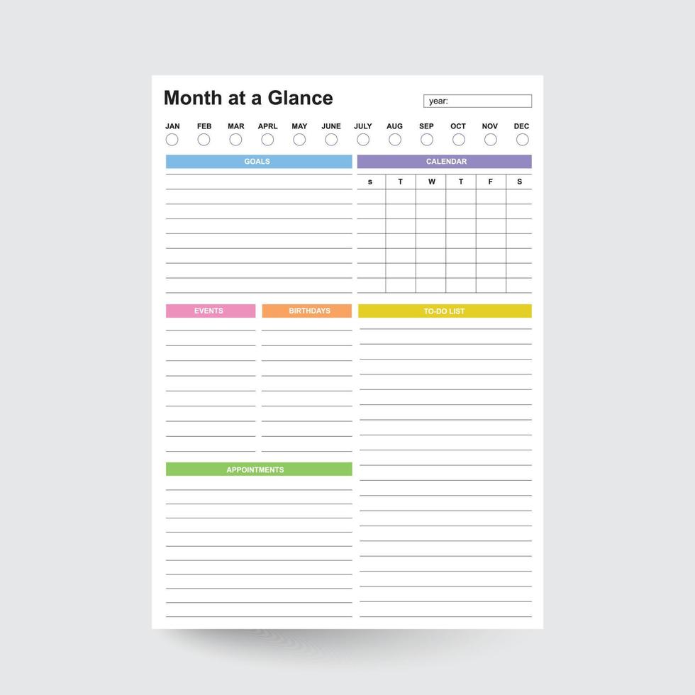 månad på en blick, månadsvis översikt, månadsvis tryckbar kalender, odaterad en gång i månaden planerare, månadsvis planerare, månadsvis schema, månadsvis arrangör, månadsvis plan, månadsvis tracker vektor