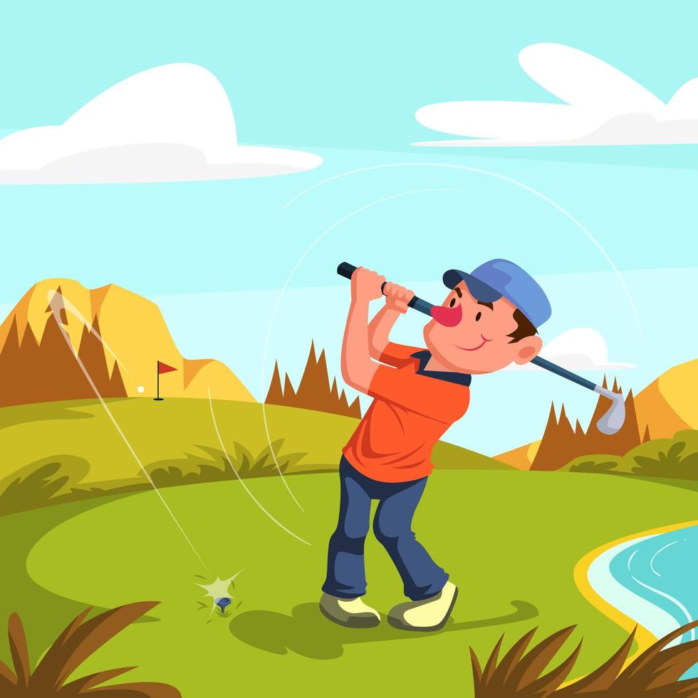 Mann, der Golf auf Golfplatz spielt vektor