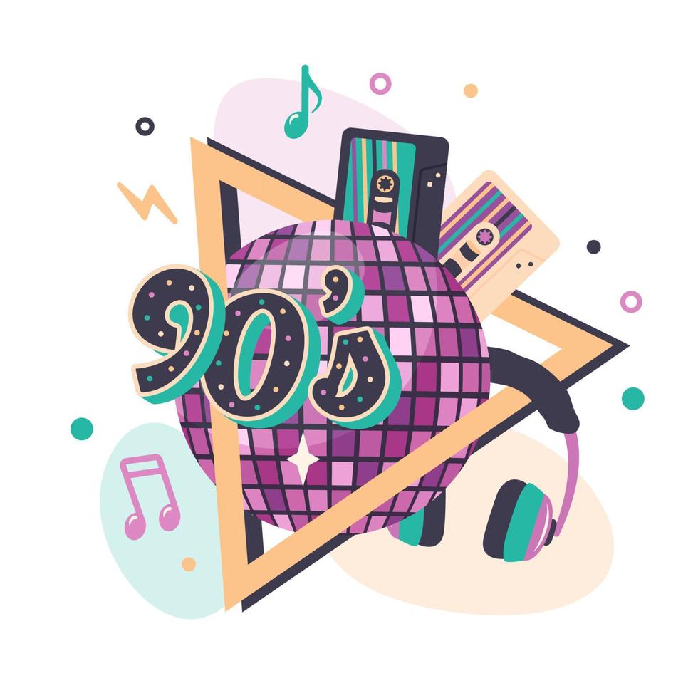 spegel rosa disko boll med hörlurar, anteckningar, kassetter för musik spelare i ram. ClipArt. musik mall i retro stil av 90-talet, 80s för nostalgi musikalisk fest, reklam affisch, baner. vektor