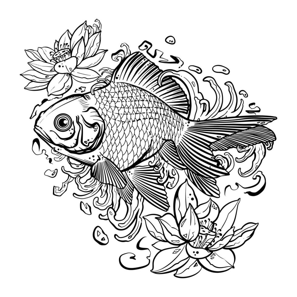 svart tatuering fisk, guldfisk, koi fisk på vit bakgrund vektor