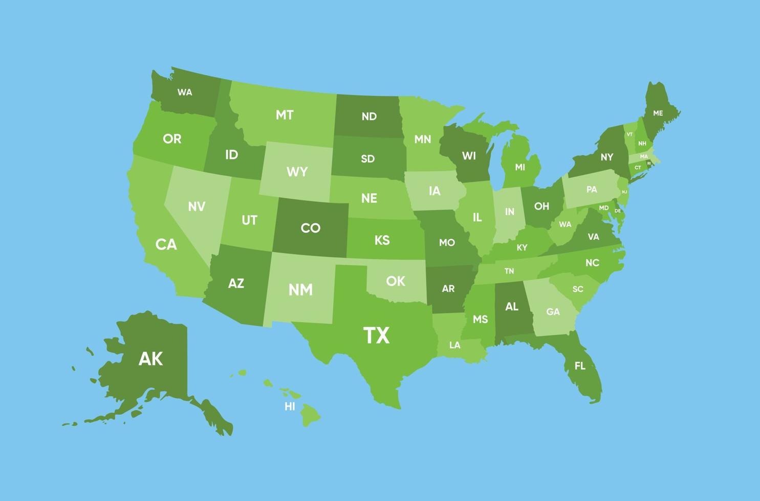 Vektor vereinigt Zustände von Amerika Karte auf Blau Hintergrund mit Zustände kurz Name