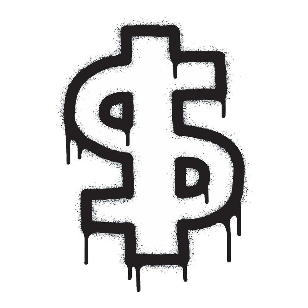 spray målad graffiti valuta i svart över vit. droppar av sprutas dollar ikon. isolerat på vit bakgrund. vektor illustration