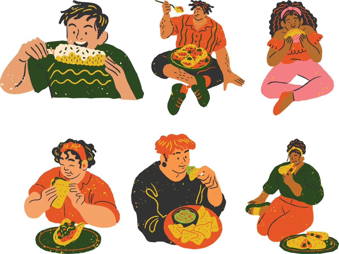 uppsättning av människor äter snabb mat. färgrik vektor illustration i tecknad serie stil.