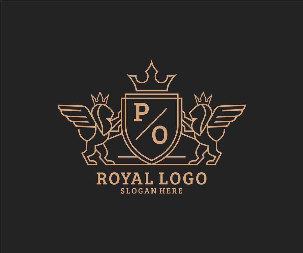 Initiale po Brief Löwe königlich Luxus heraldisch, Wappen Logo Vorlage im Vektor Kunst zum Restaurant, Königtum, Boutique, Cafe, Hotel, heraldisch, Schmuck, Mode und andere Vektor Illustration.