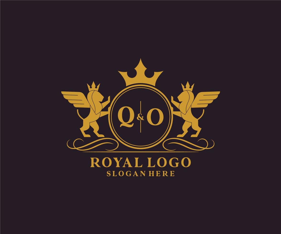 första qo brev lejon kunglig lyx heraldisk, vapen logotyp mall i vektor konst för restaurang, kungligheter, boutique, Kafé, hotell, heraldisk, Smycken, mode och Övrig vektor illustration.