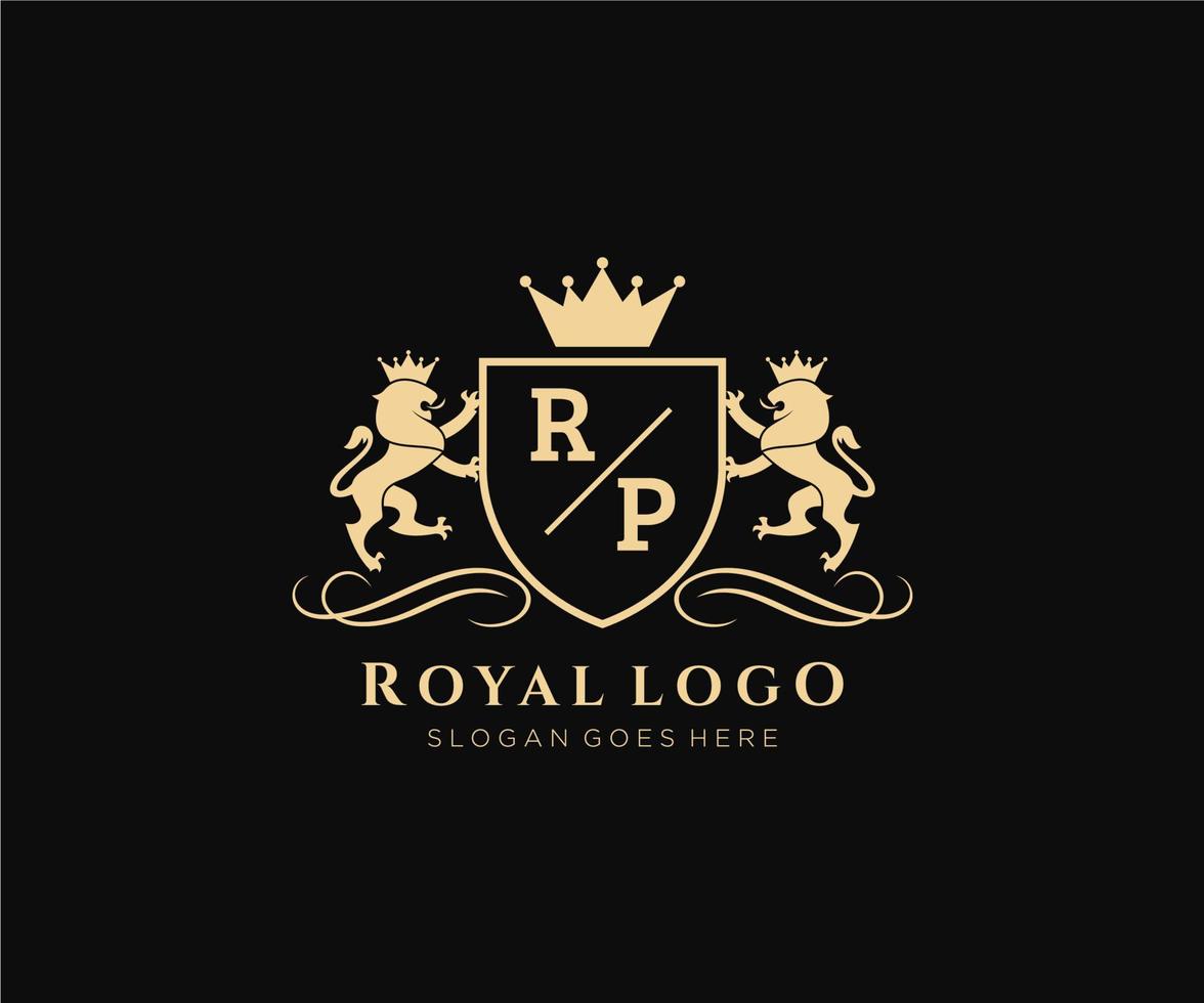 första rp brev lejon kunglig lyx heraldisk, vapen logotyp mall i vektor konst för restaurang, kungligheter, boutique, Kafé, hotell, heraldisk, Smycken, mode och Övrig vektor illustration.