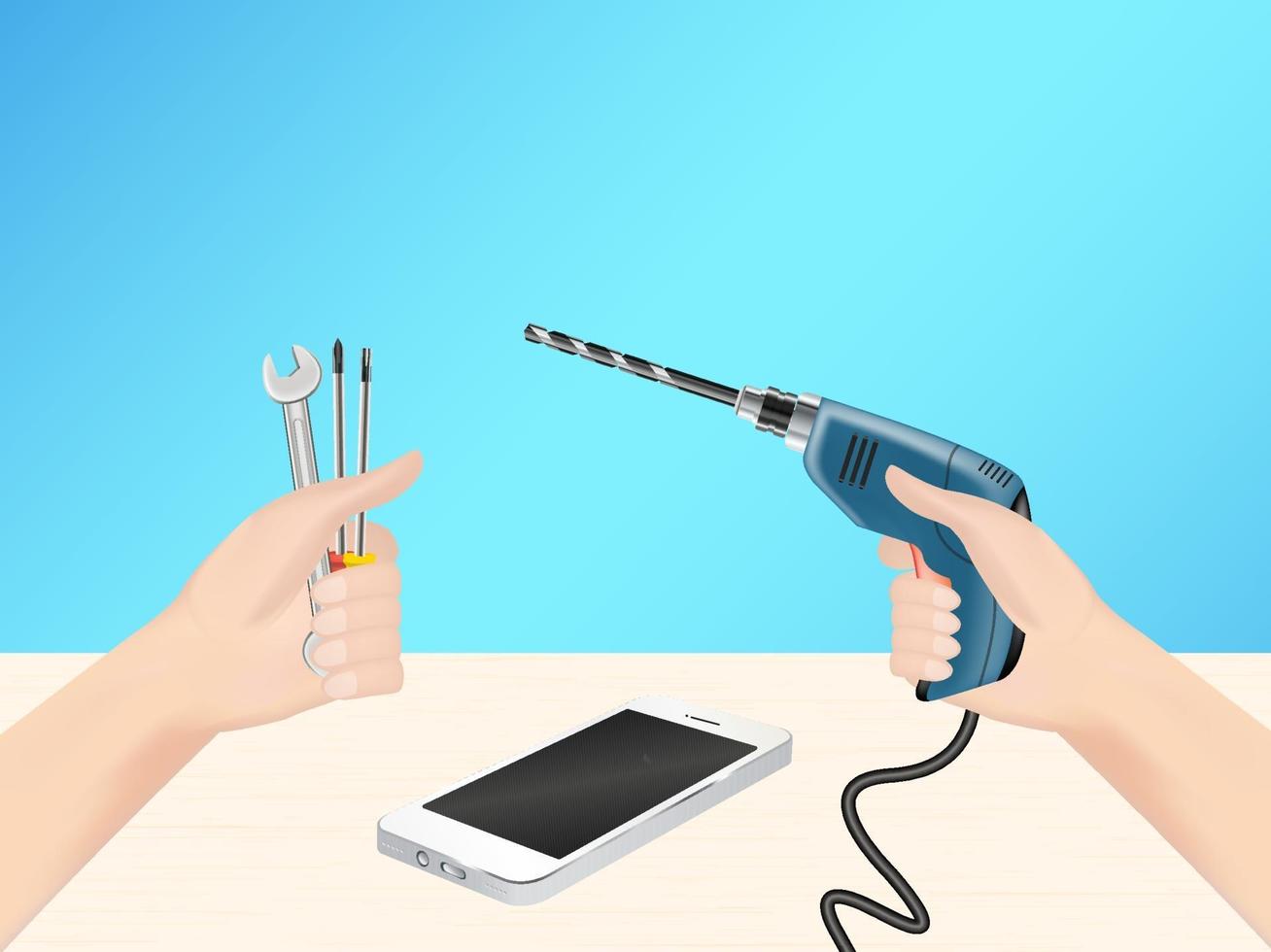 Hand mit Reparaturwerkzeug für selbstfixierendes Smartphone vektor