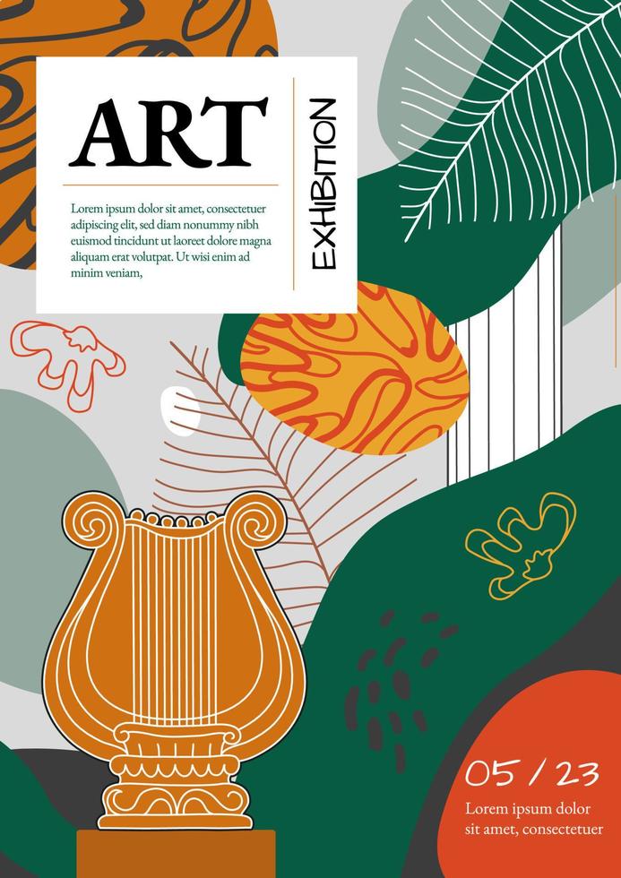 kreativ Flyer oder Poster Konzepte mit abstrakt geometrisch Formen, uralt Säule, Amphora auf Grün Hintergrund. römisch und griechisch Vektor Illustration. Kunst Plakate zum das Ausstellung, Zeitschrift oder Startseite