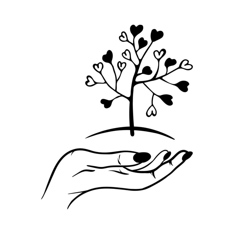 kärlek träd på de händer. vektor klotter vapen illustration. begrepp av vänskap och förtroende. försoning dag