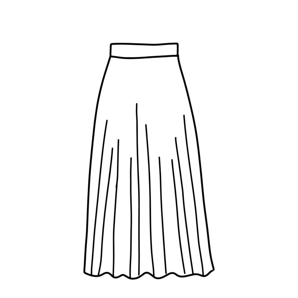 översikt skiss av lång kjol för flicka. klotter kjol med veck. rolig Kläder. vektor