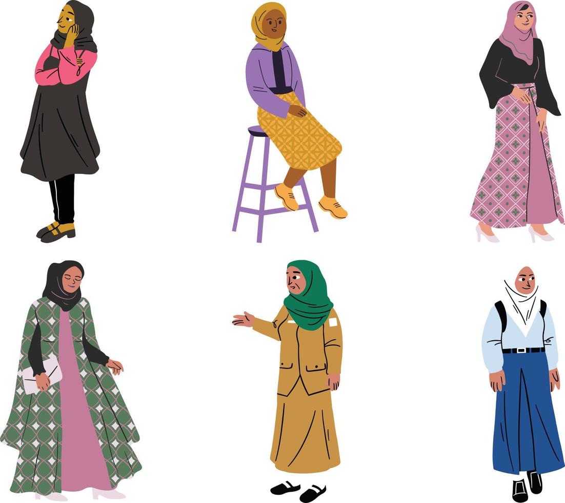 einstellen von Muslim Frauen im traditionell Kleidung. isoliert eben Vektor Illustration