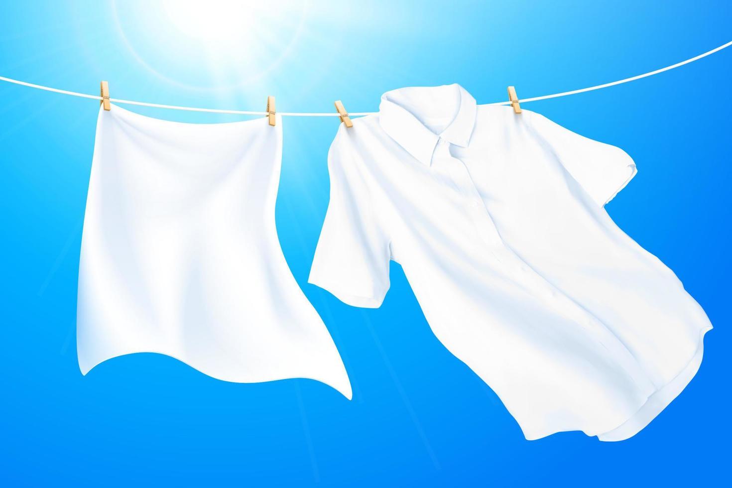 rena och vit kläder hängande på tvättning linje mot blå himmel, 3d illustration vektor